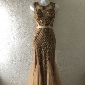Gold beaded couture dress